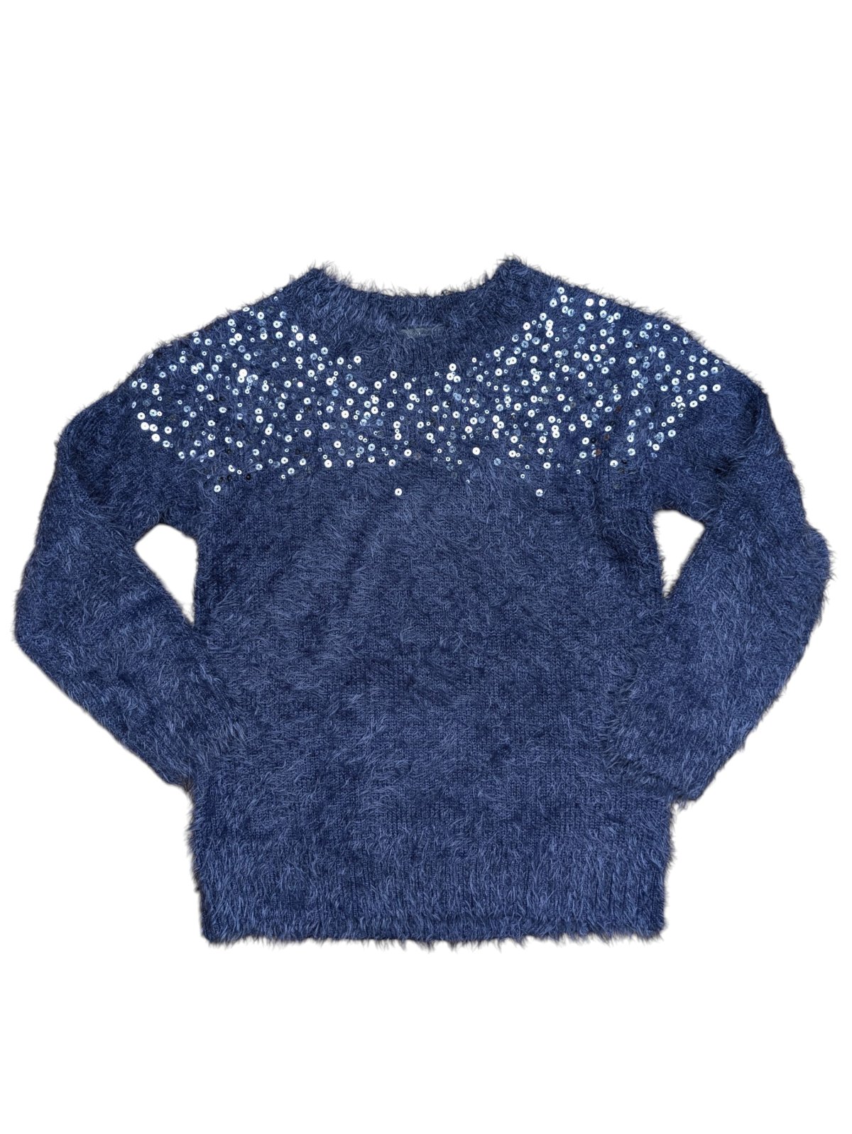 Tmavě modrá chlupatá mikina se třpytkami pro holky secondhand alive