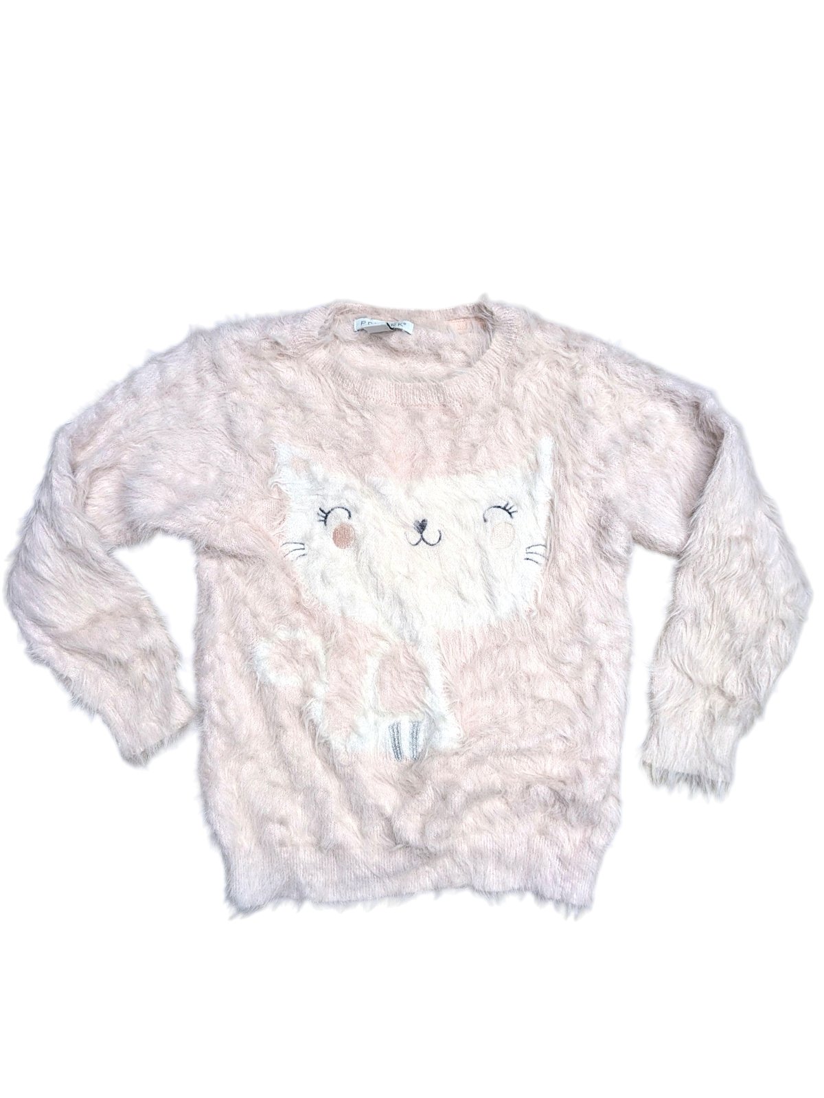 Růžový chlupatý svetr s kočičkou pro holky secondhand Primark