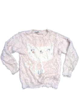 Růžový chlupatý svetr s kočičkou pro holky secondhand Primark